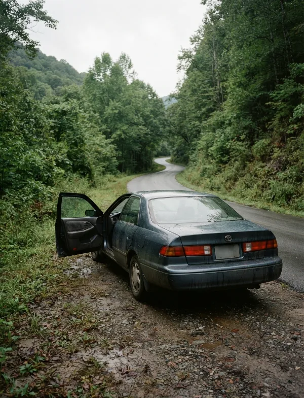 Illustration: car abandoned on gravel shoulder beside woods