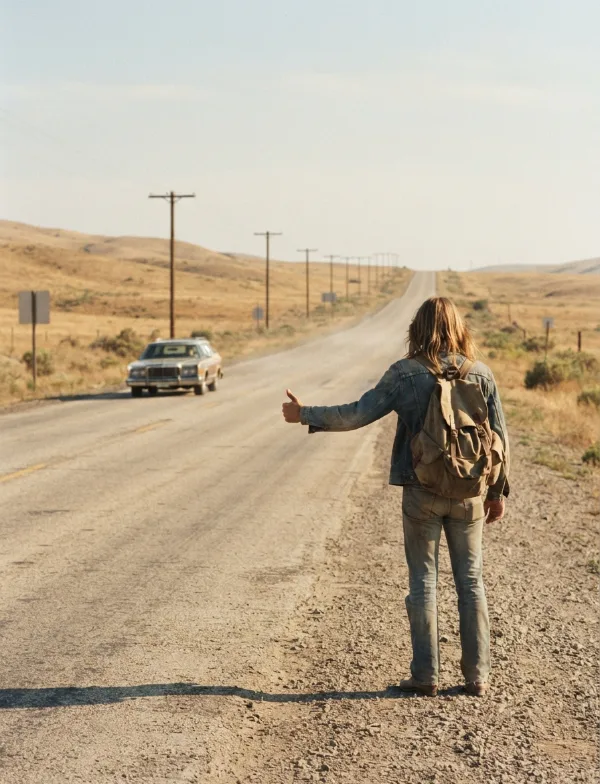 Illustration: lone figure with backpack on highway shoulder from far behind