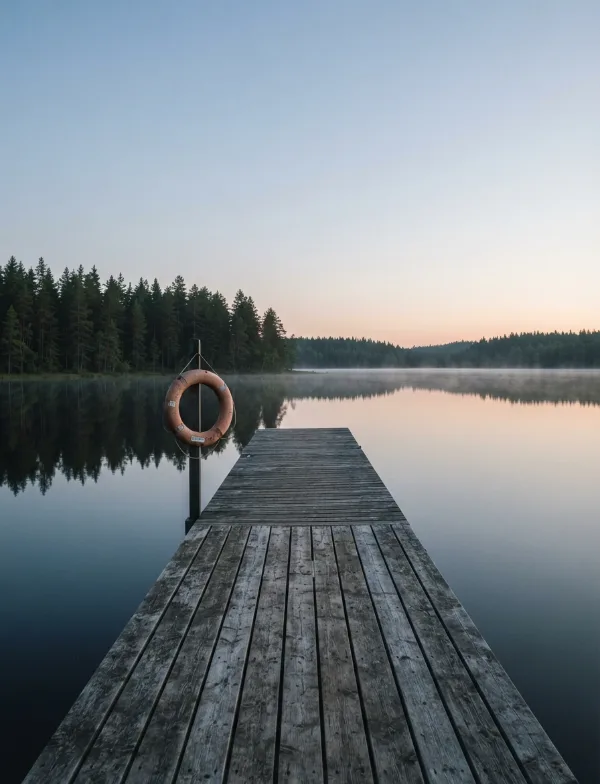 Illustration: wooden dock on a still lake at early morning