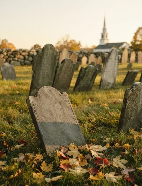 Illustration: old cemetery with weathered headstones under autumn trees