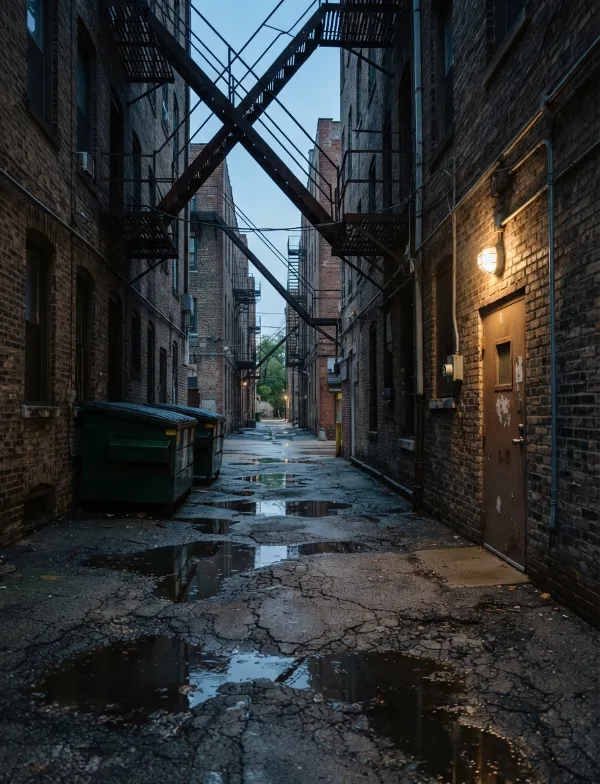 Illustration: wet city alley between brick buildings