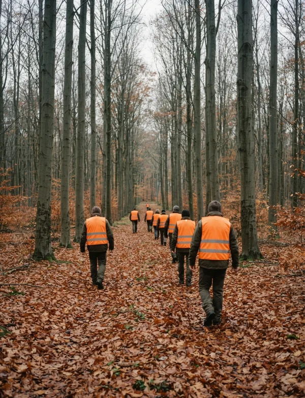 Illustration: volunteer search line walking through autumn woods