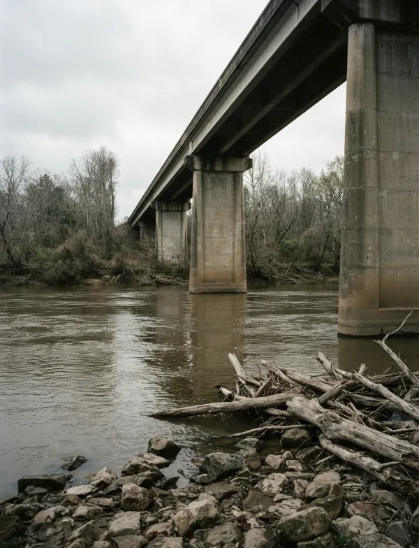 Illustration: concrete highway bridge over a wide river