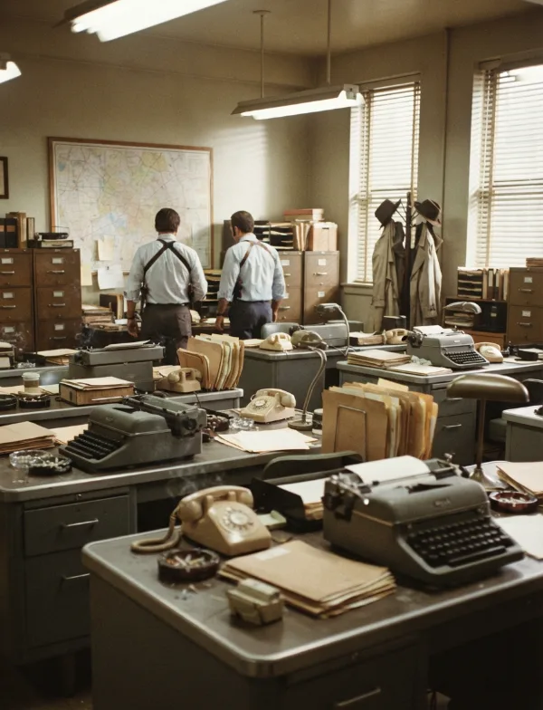 Illustration: 1970s detectives' squad room with typewriters and rotary phones