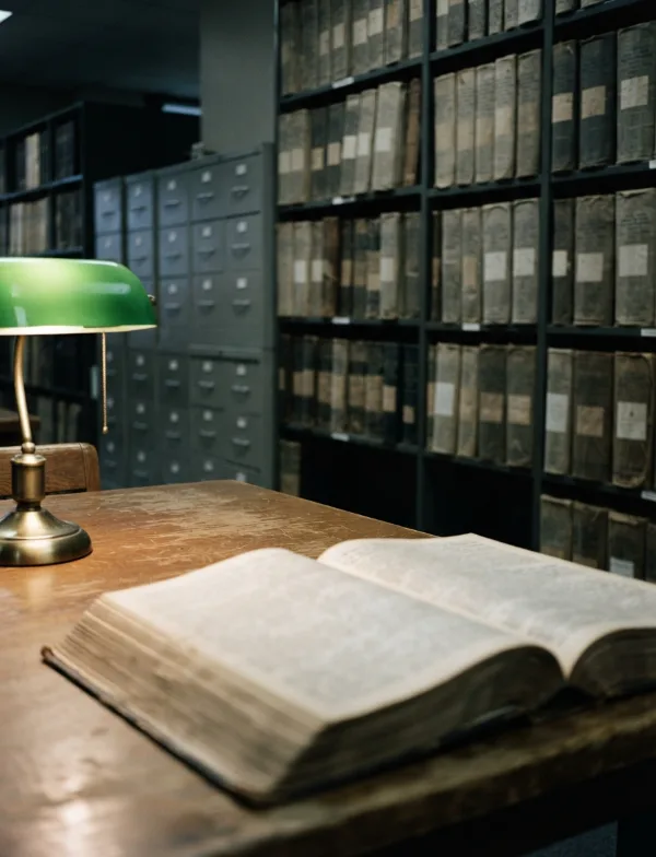 Illustration: bound newspaper volumes in a library archive