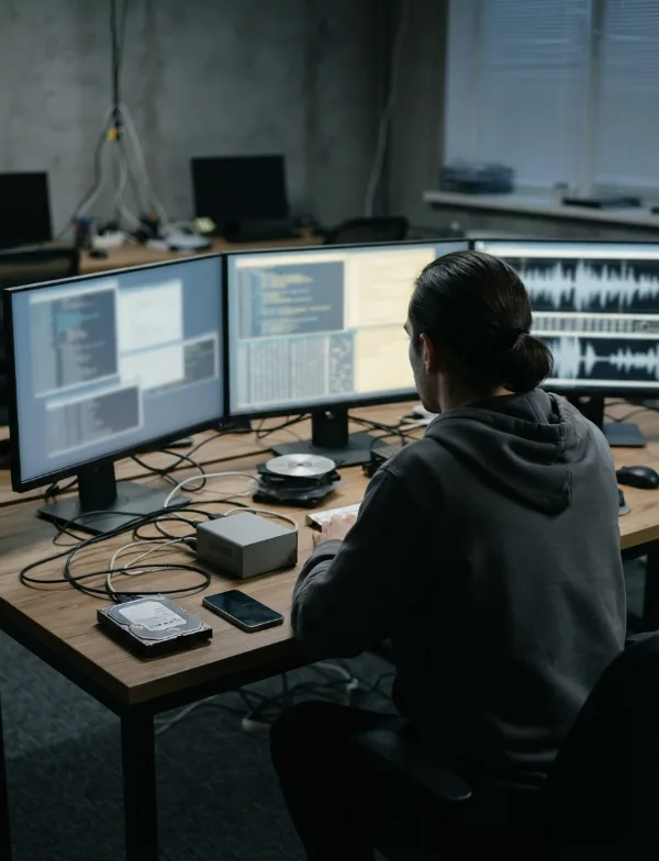 Illustration: investigator at multi-monitor digital forensics desk