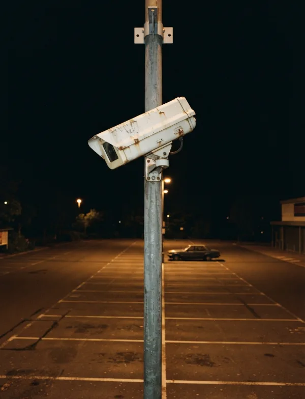 Illustration: security camera on pole over empty parking lot