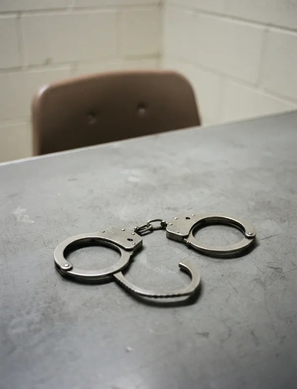 Illustration: steel handcuffs on a scuffed table