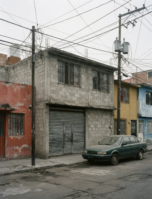 Illustration: a modest two-story concrete house with a metal shutter on a Mexico City street