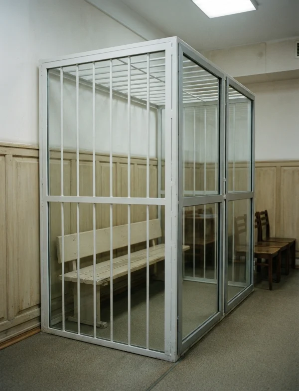 Illustration: an empty metal-and-glass defendant's cage in a Russian courtroom