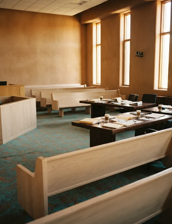 Illustration: an empty courtroom with adobe-toned walls after a verdict