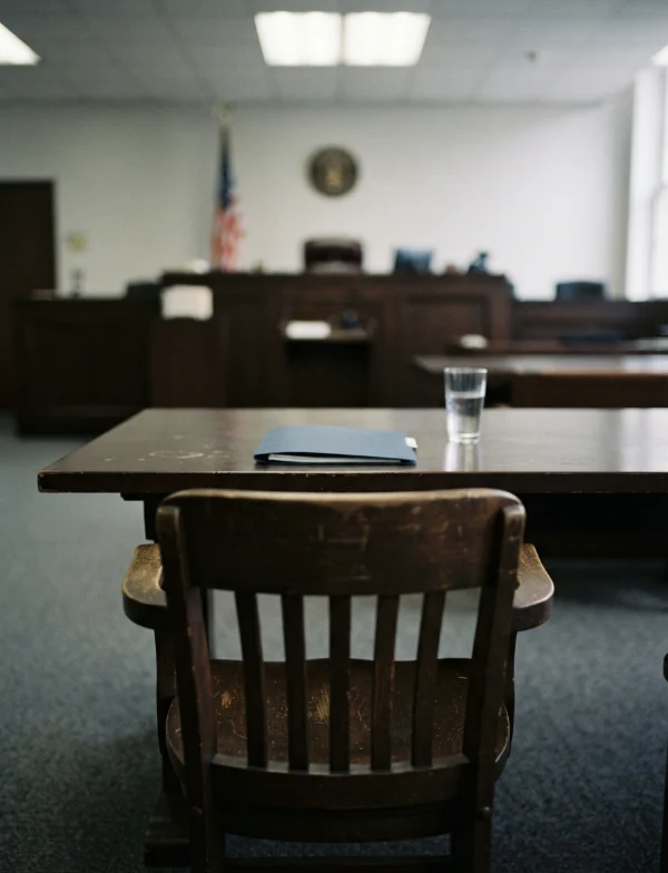 Illustration: an empty defendant's chair at the defense table facing the bench