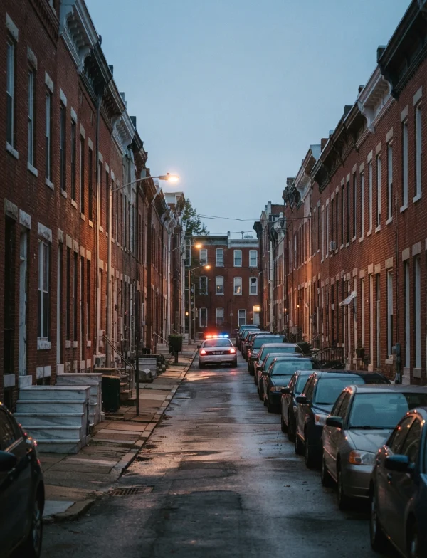 Illustration: a rowhouse street at dusk with a patrol car in the distance