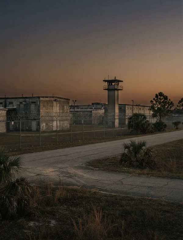 Illustration: a Florida state prison with palms and a guard tower at dusk