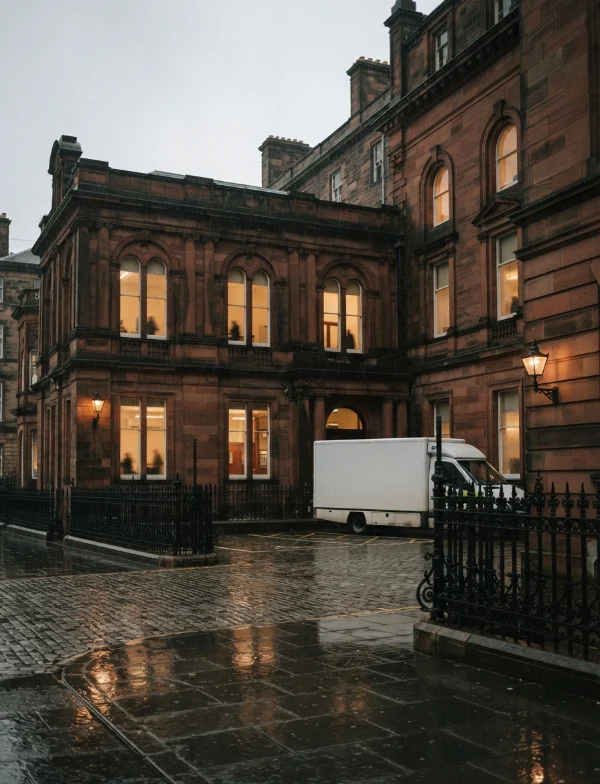 Illustration: a Victorian stone hospital building on a rainy Scottish street