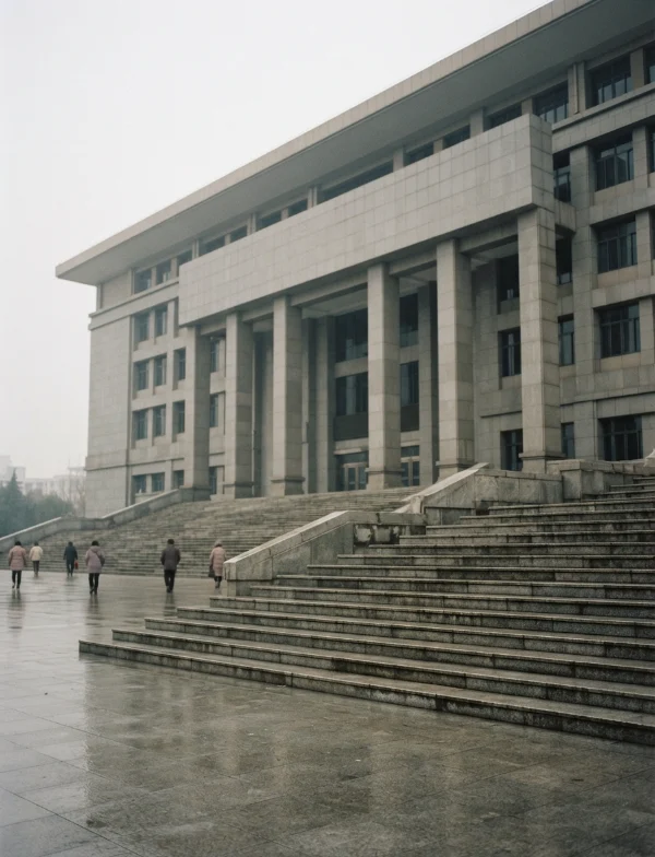 Illustration: a Chinese courthouse under a grey sky