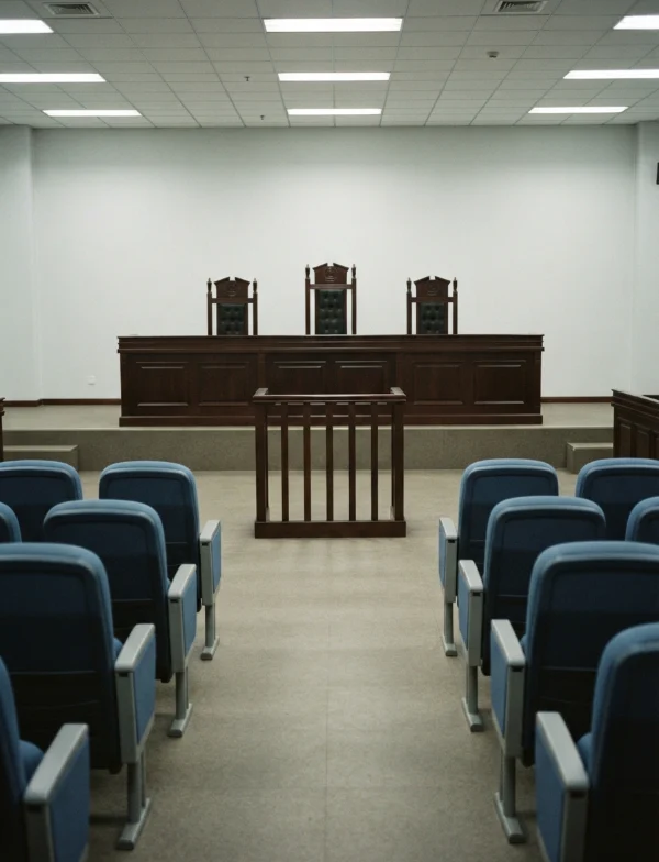 Illustration: an empty Chinese courtroom with the defendant's railing before the bench