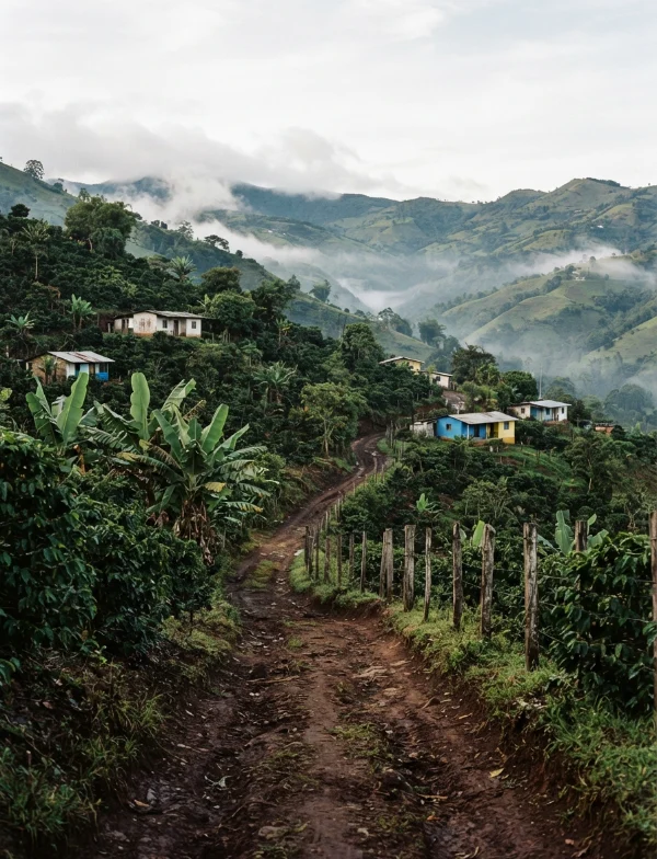 Illustration: a dirt road through a hillside village in Colombia's coffee region