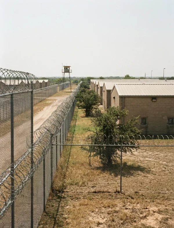 Illustration: a Texas prison unit behind razor-wire fences on flat land