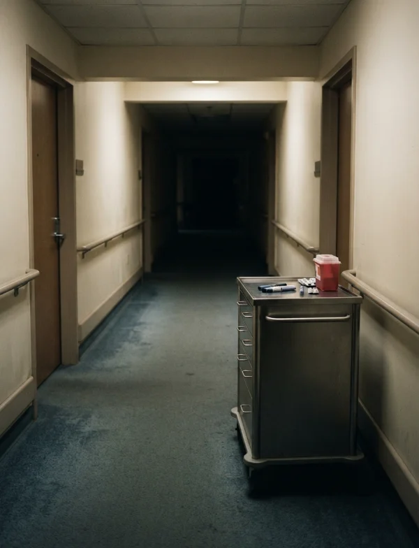 Illustration: a dim senior-care corridor at night with a cart against the wall