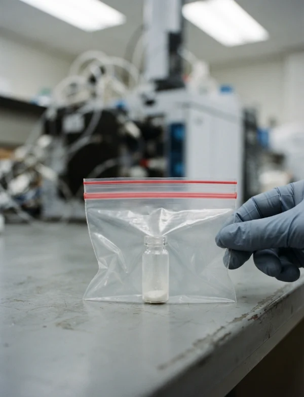 Illustration: a small vial in a sealed evidence bag on a laboratory bench