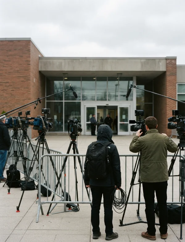 Illustration: news cameras on tripods outside a county courthouse