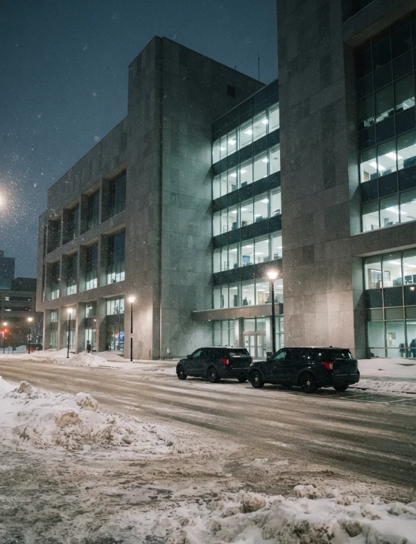 Illustration: a police headquarters building on a snowy winter night