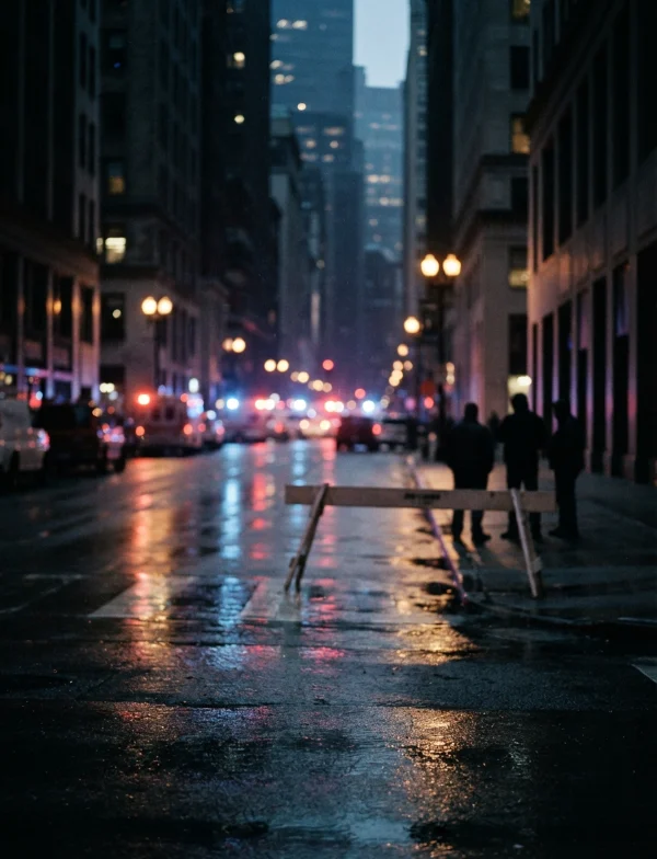 Illustration: a city street at night with police lights and officers in the distance