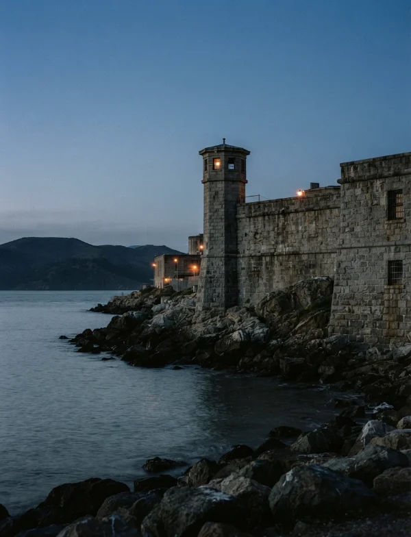 Illustration: old stone prison walls on the edge of a bay at dusk