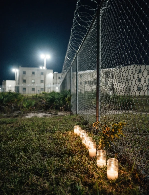 Illustration: candles in the grass along a prison fence at night