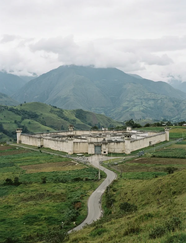 Illustration: a walled prison in green Andean highlands under cloud
