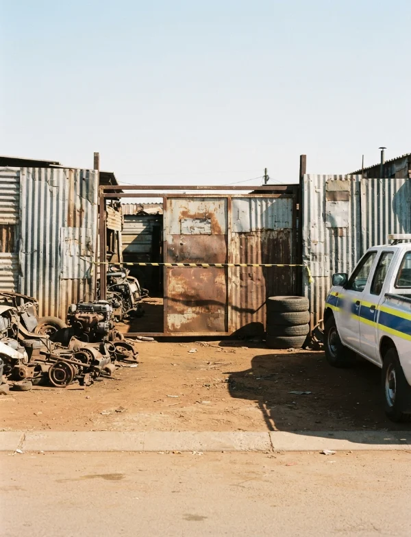 Illustration: a corrugated-iron workshop yard with scrap car parts and a police car