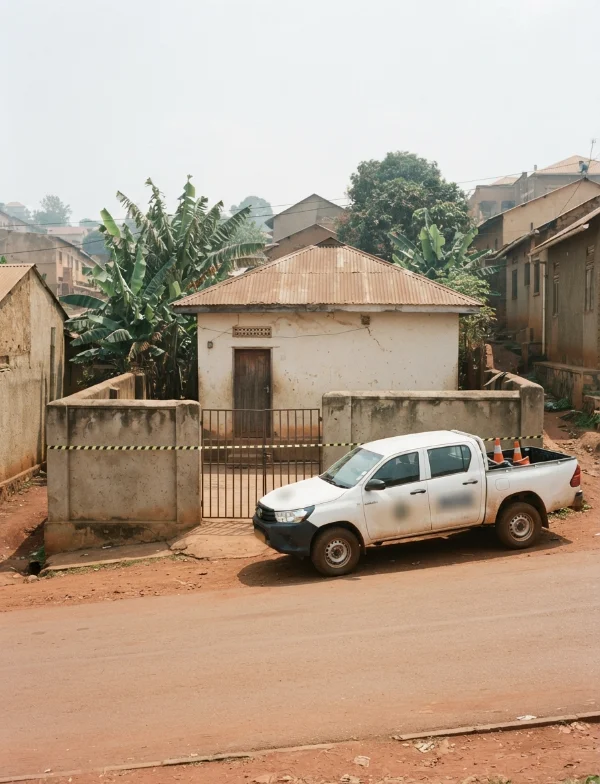 Illustration: a small house on a red-earth hillside street in an East African city, a pickup parked outside