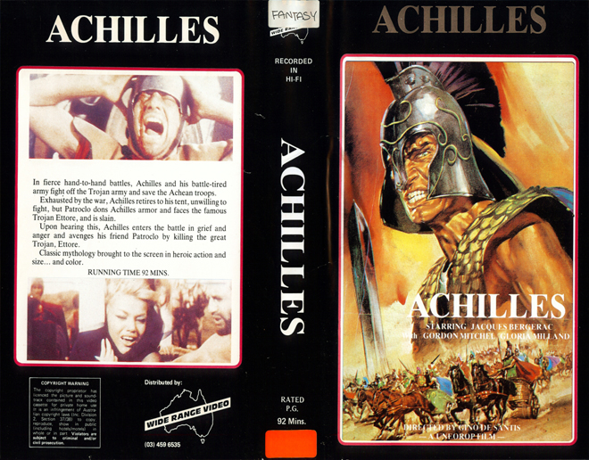 ACHILLES, AUSTRALIAN, HORROR, ACTION EXPLOITATION, ACTION, HORROR, SCI-FI, MUSIC, THRILLER, SEX COMEDY,  DRAMA, SEXPLOITATION, VHS COVER, VHS COVERS, DVD COVER, DVD COVERS