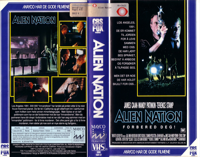 ALIEN NATION CBS FOX, HORROR, ACTION EXPLOITATION, ACTION, HORROR, SCI-FI, MUSIC, THRILLER, SEX COMEDY,  DRAMA, SEXPLOITATION, VHS COVER, VHS COVERS, DVD COVER, DVD COVERS