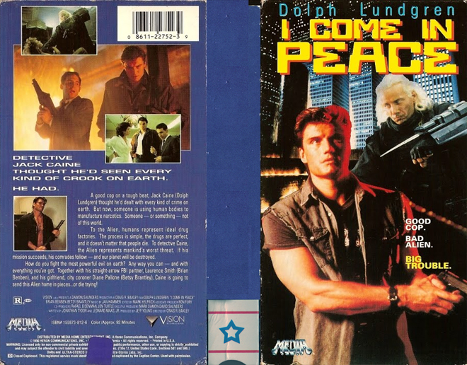 I COME IN PEACE DOLPH LUNDGREN, BIG BOX VHS, HORROR, ACTION EXPLOITATION, ACTION, ACTIONXPLOITATION, SCI-FI, MUSIC, THRILLER, SEX COMEDY,  DRAMA, SEXPLOITATION, VHS COVER, VHS COVERS, DVD COVER, DVD COVERS