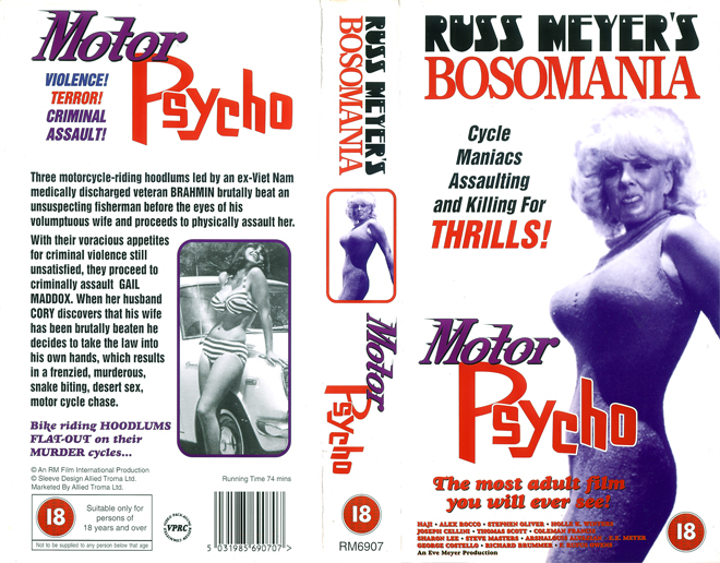 MOTOR PSYCHO, BOSOMANIA, RUSS MEYERS, AUSTRALIAN, HORROR, ACTION EXPLOITATION, ACTION, HORROR, SCI-FI, MUSIC, THRILLER, SEX COMEDY,  DRAMA, SEXPLOITATION, VHS COVER, VHS COVERS, DVD COVER, DVD COVERS