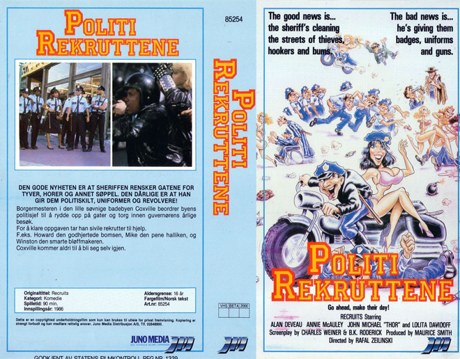 POLITI REKRUTTENE, HORROR, ACTION EXPLOITATION, ACTION, HORROR, SCI-FI, MUSIC, THRILLER, SEX COMEDY, DRAMA, SEXPLOITATION, BIG BOX, CLAMSHELL, VHS COVER, VHS COVERS, DVD COVER, DVD COVERS