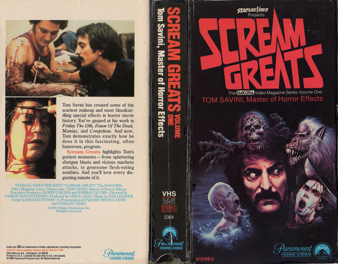 SCREAM GREATS VOLUME 1 - TOM SAVINI, AUSTRALIAN, THE FANGORIA VIDEO MAGAZINE, STARLOG VIDEO, AUSTRALIAN, HORROR, ACTION EXPLOITATION, ACTION, HORROR, SCI-FI, MUSIC, THRILLER, SEX COMEDY,  DRAMA, SEXPLOITATION, VHS COVER, VHS COVERS, DVD COVER, DVD COVERS