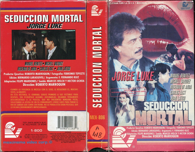 SEDUCCION MORTAL, ACTION, HORROR, BLAXPLOITATION, HORROR, ACTION EXPLOITATION, SCI-FI, MUSIC, SEX COMEDY, DRAMA, SEXPLOITATION, BIG BOX, CLAMSHELL, VHS COVER, VHS COVERS, DVD COVER, DVD COVERS