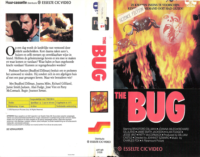 THE BUG, NETHERLANDS, VESTRON VIDEO INTERNATIONAL, BIG BOX, HORROR, ACTION EXPLOITATION, ACTION, HORROR, SCI-FI, MUSIC, THRILLER, SEX COMEDY,  DRAMA, SEXPLOITATION, VHS COVER, VHS COVERS, DVD COVER, DVD COVERS