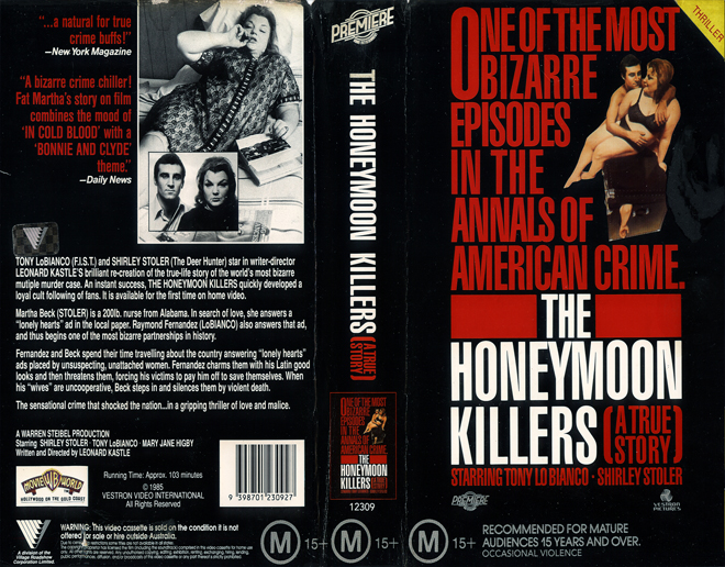 THE HONEYMOON KILLERS, AUSTRALIAN, HORROR, ACTION EXPLOITATION, ACTION, HORROR, SCI-FI, MUSIC, THRILLER, SEX COMEDY,  DRAMA, SEXPLOITATION, VHS COVER, VHS COVERS, DVD COVER, DVD COVERS