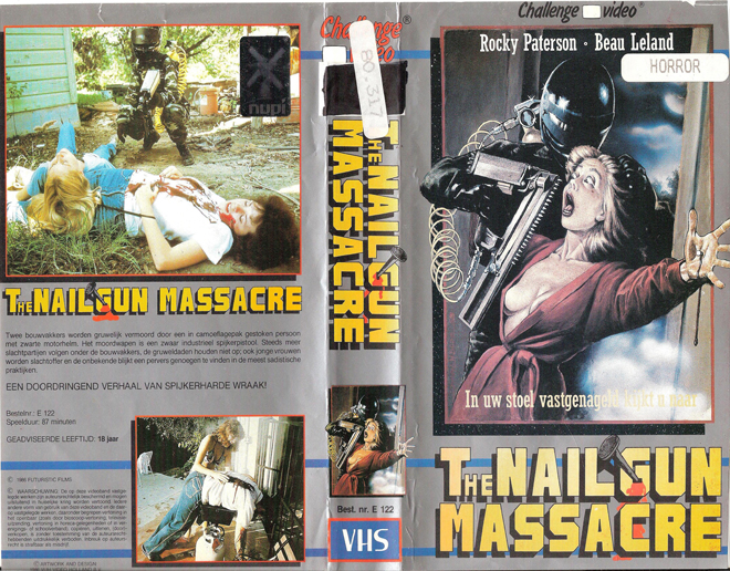 THE NAILGUN MASSACRE, CHALLENGE VIDEO, VESTRON VIDEO INTERNATIONAL, BIG BOX, HORROR, ACTION EXPLOITATION, ACTION, HORROR, SCI-FI, MUSIC, THRILLER, SEX COMEDY,  DRAMA, SEXPLOITATION, VHS COVER, VHS COVERS, DVD COVER, DVD COVERS