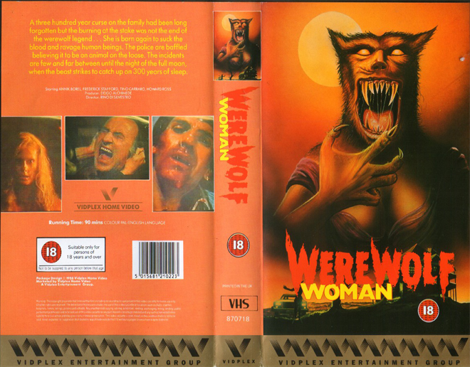 WEREWOLF WOMAN VIDPLEX ENTERTAINMENT GROUP, HORROR, ACTION EXPLOITATION, ACTION, ACTIONXPLOITATION, SCI-FI, MUSIC, THRILLER, SEX COMEDY,  DRAMA, SEXPLOITATION, VHS COVER, VHS COVERS, DVD COVER, DVD COVERS